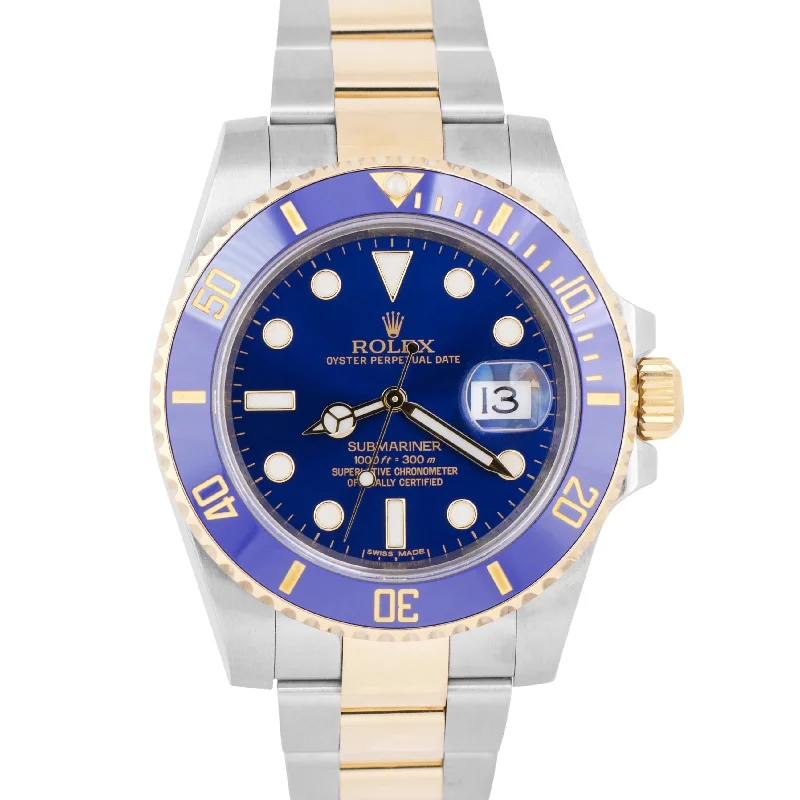 Stylish Watches with White Leather Straps-MINT Rolex Submariner Date Ceramic BLUE Two-Tone 18K Yellow Gold 40mm 116613 LB