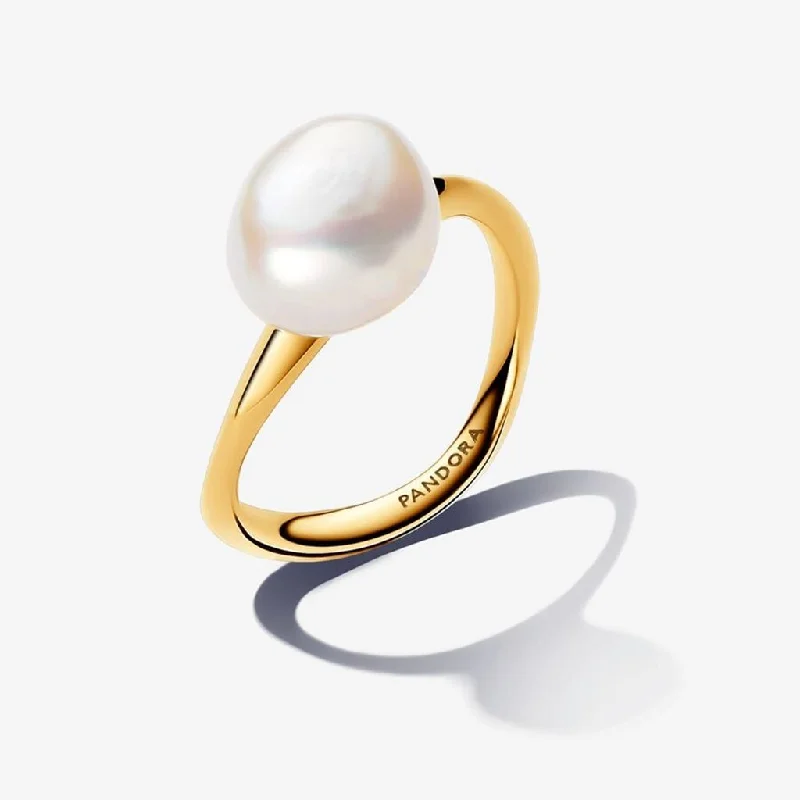 Customizable Silver Ring for Men-PANDORA : PANDORA ESSENCE Baroque Pearl Stacking Ring Set in Gold