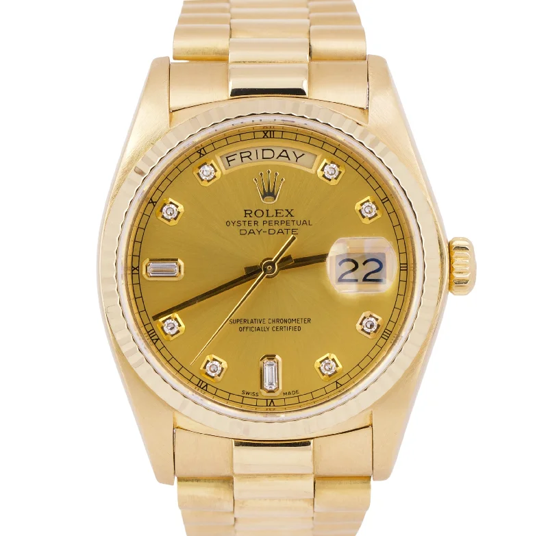 Chronograph Sports Watches for Professionals-Rolex Day-Date President 36mm CHAMPAGNE DIAMOND 18K Yellow Gold Watch 18038