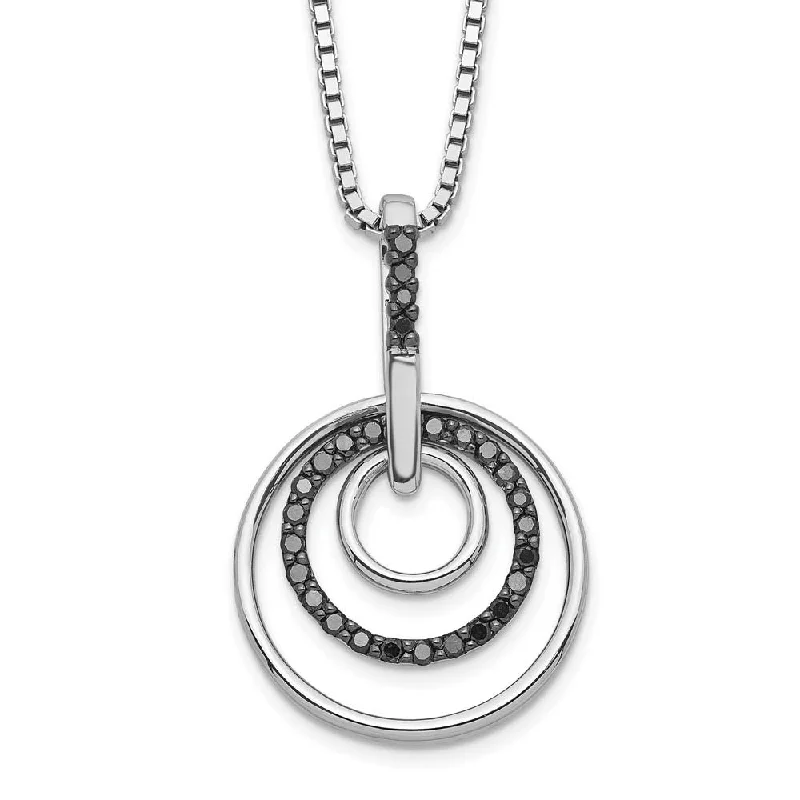 Necklaces with Initials-Black Diamond Triple Circle Necklace in Rhodium Plated Sterling Silver