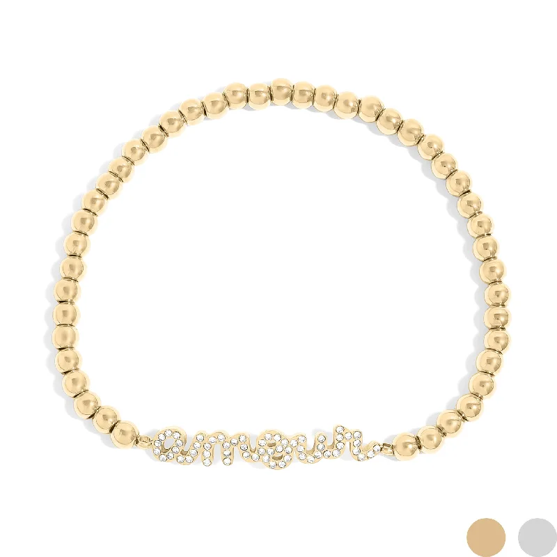 Elegant Gold Bracelet for Evening Parties-18K Gold PVD Stainless Steel Stone Amour Metal Beaded Stretch Bracelet / BRJ1015