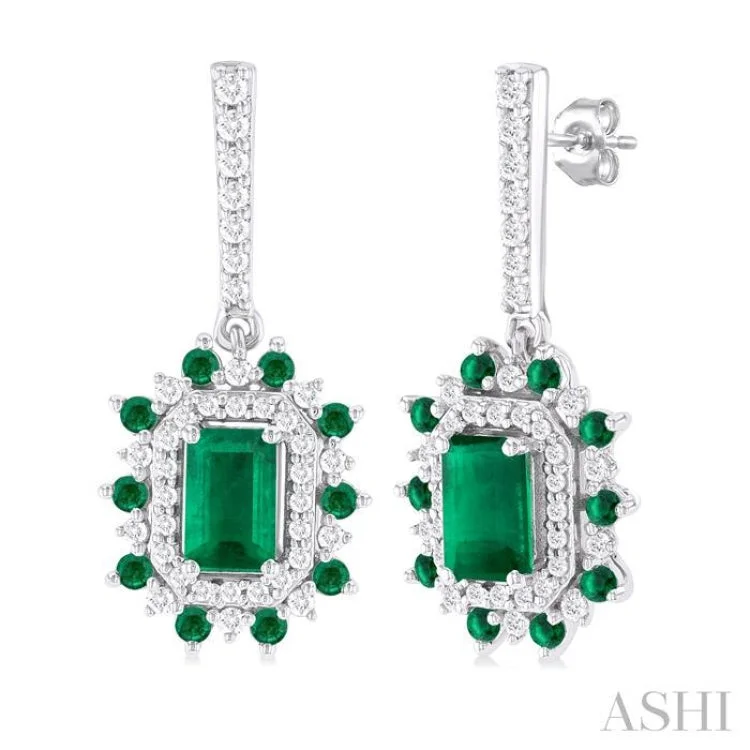 Statement Earrings for Special Occasions-1/3 ctw 5X3MM & 1.45MM Emerald and Round Cut Diamond Precious Earring in 14K White Gold