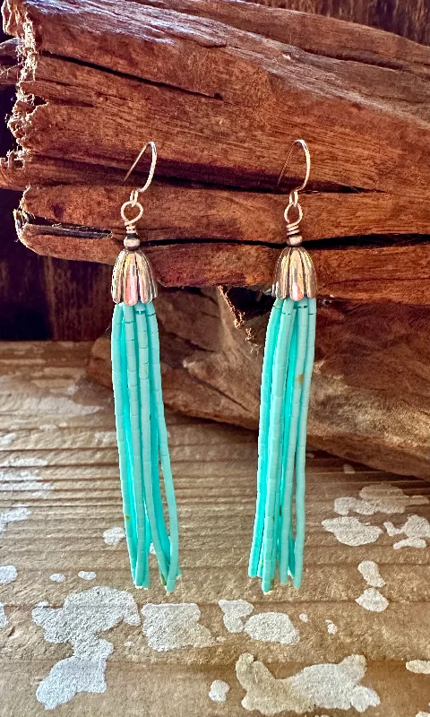 Classic Earrings for Every Occasion-KINGMAN TURQUOISE and SILVER Tassel Earrings • 10g