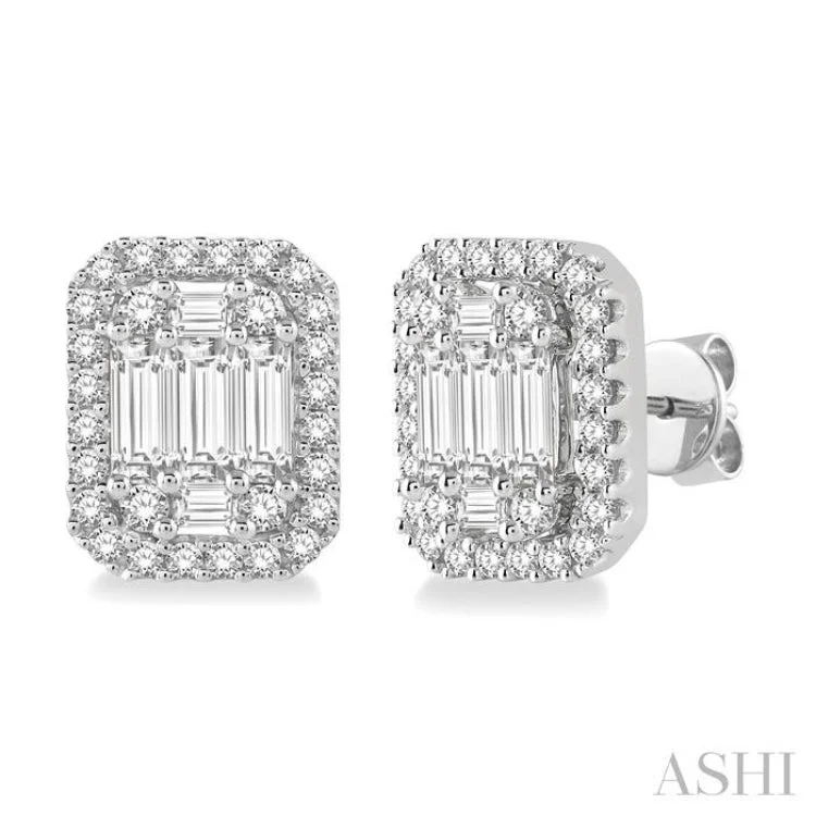 Beautiful Earrings for Evening Parties-5/8 Ctw Octagonal Baguette & Round Cut Diamond Stud Earrings in 14K White Gold