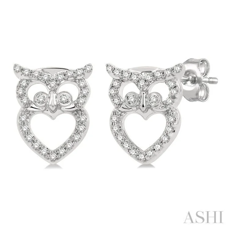 Unique Earrings for Every Day-1/6 ctw Petite Owl Round Cut Diamond Fashion Stud Earring in 10K White Gold