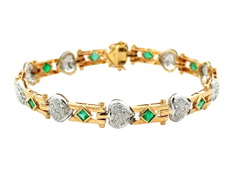 Custom Charm Bracelet for Special Occasion-14k Yellow Gold Diamond Heart and Emerald Link Bracelet