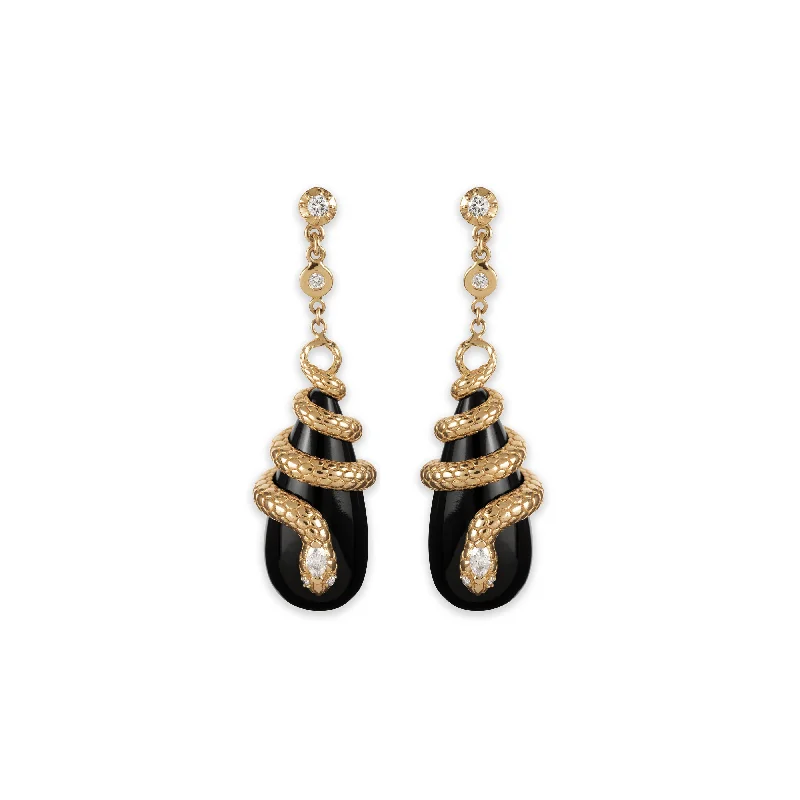 Handmade Earrings for Casual Style-DIAMOND SNAKE WRAPPED ONYX DROPLET EARRINGS