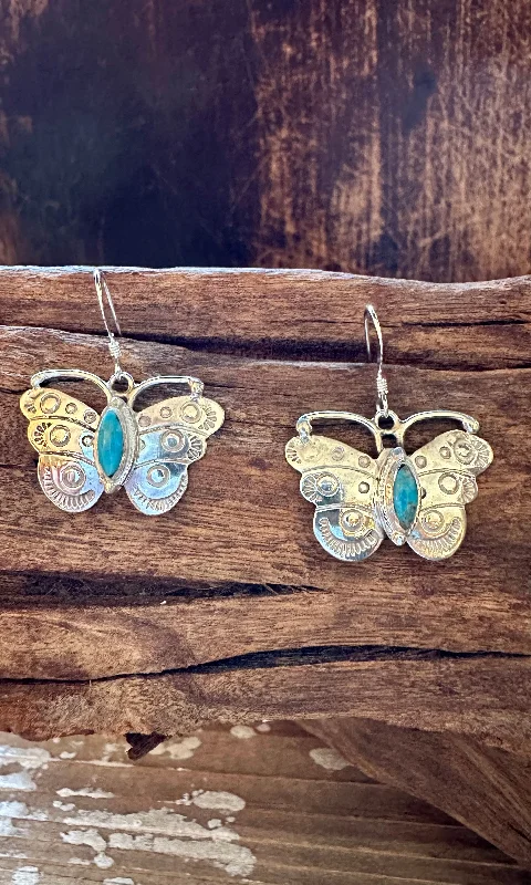 Gold Hoop Earrings-TURQUOISE BUTTERFLY WINDCHIMES Sterling Silver Earrings