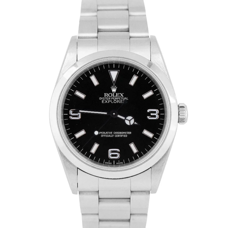 Leather Strap Watches for Men-UNPOLISHED Rolex Explorer I Black 36mm 3-6-9 Stainless Steel Oyster Watch 14270