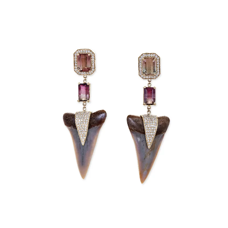 Cute Earrings for Everyday Wear-PAVE TOURMALINE BAGUETTES + PAVE V CAP LARGE BROWN SHARK TOOTH EARRINGS