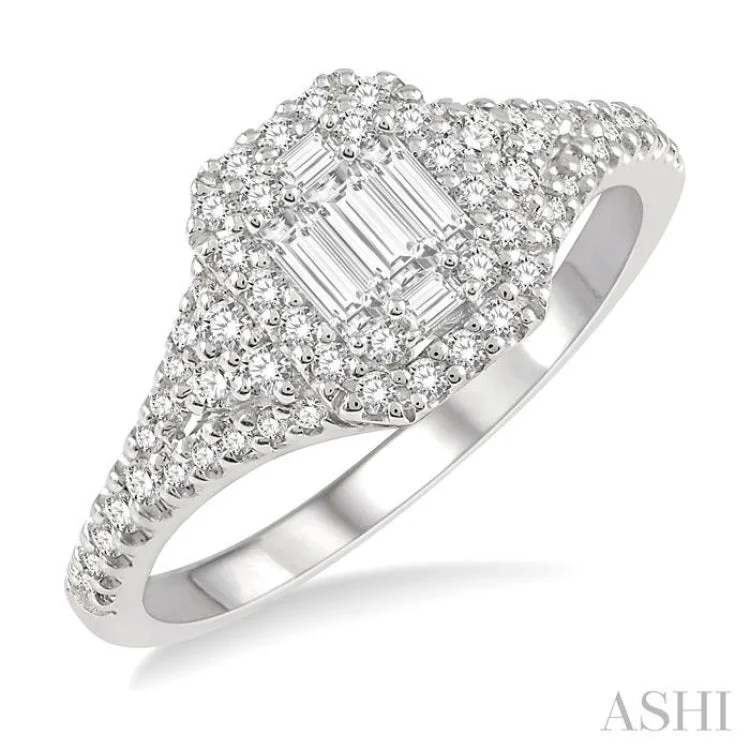 Elegant Rose Gold Ring-1/2 Ctw Filled Octagonal Center Round Cut and Baguette Fusion Diamond Ring in 14K White Gold