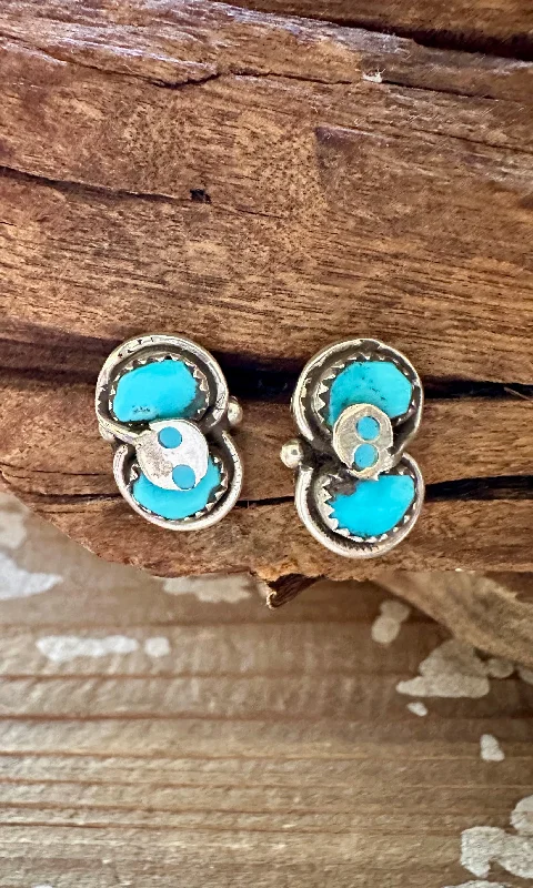 Gorgeous Earrings for Party Nights-EFFIE CALAVAZA Zuni Handmade Sterling Silver and Double Turquoise Snake Earrings