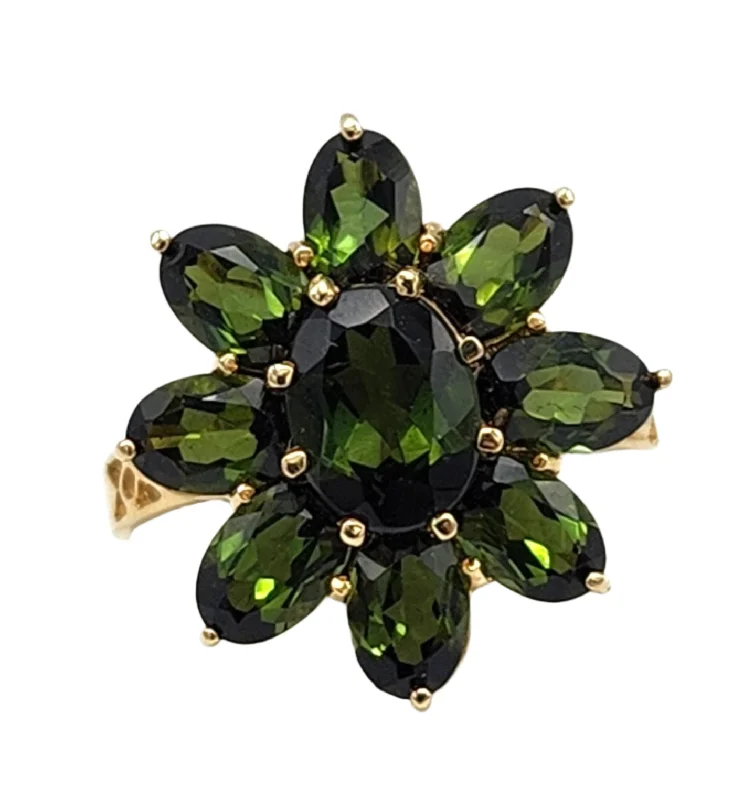 Dainty Engagement Ring for Women-14K Gold Green Tourmaline Flower Ring