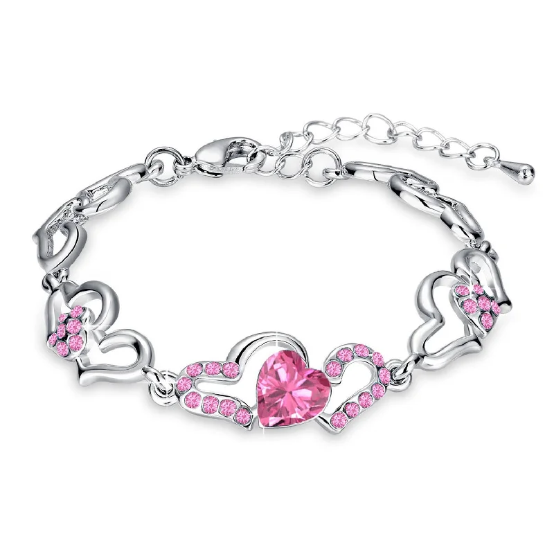 Luxury Gold Bangles for Special Occasions-Mahi Rhodium Plated Valentine Collection Lovely Heart Link Bracelet with Pink Crystal stones - BR2100339RPin