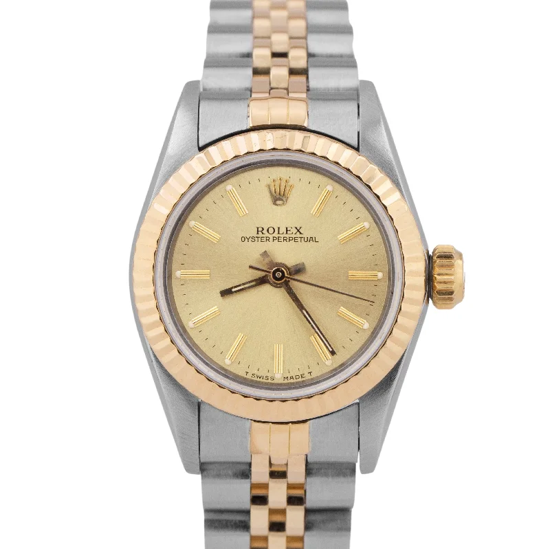 Women's Watches with Leather Straps and Crystal Detail-Rolex Oyster Perpetual 24mm Two-Tone Yellow Gold CHAMPAGNE Jubilee Watch 67193