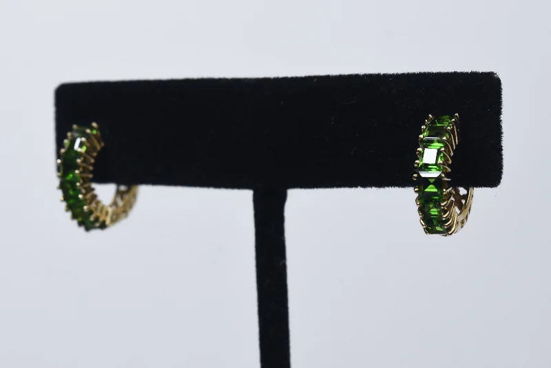 Handmade Earrings for Casual Style-14k Gold Square Cut Green Diamonique Cubic Zirconia Hoop Earrings