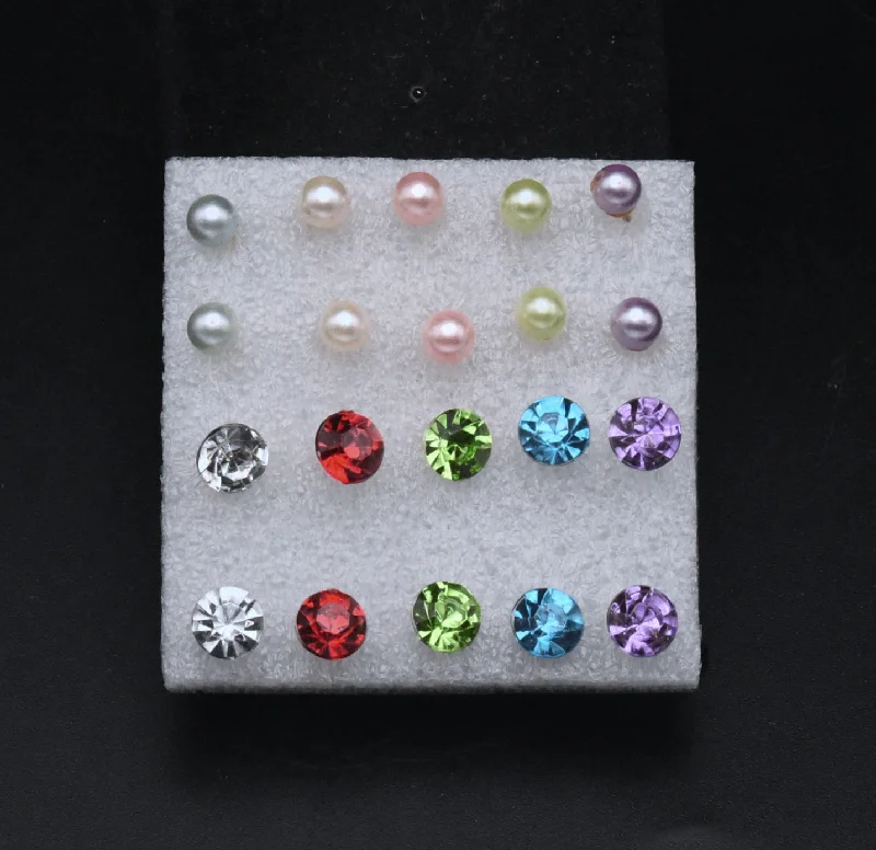 Handmade Earrings for Gift Ideas-Set of 10 Stud Earrings: Rhinestones and Faux Pearls