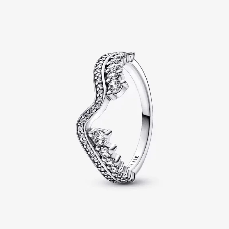 Custom Wedding Band for Couples-PANDORA : Sparkling Asymmetric Wave Ring