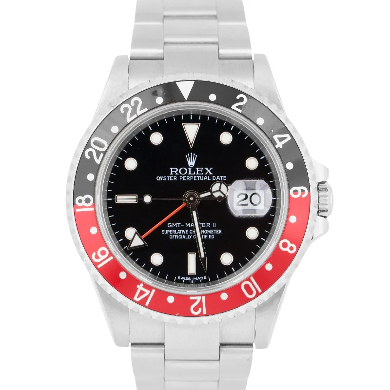 Stylish Women's Watches with Leather Strap-Rolex GMT-Master II 40mm COKE Black Red NO-HOLES Steel STICK DIAL 16710 Watch