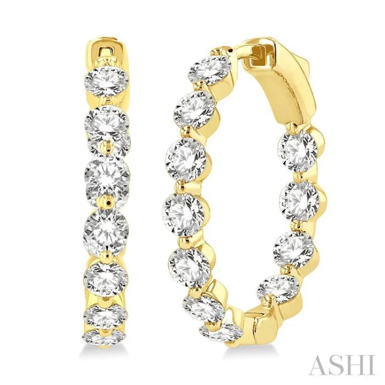 Dangle Earrings for Women-3 Ctw Inside-Out Single Prong Set Round Cut Diamond Hoop Earrings in 14K Yellow Gold