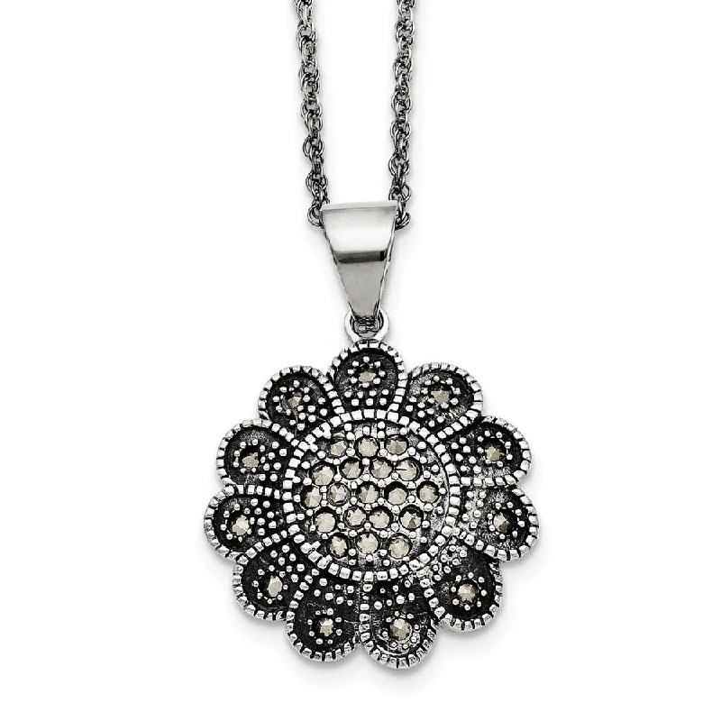 Elegant Pendant Necklace for Weddings-Marcasite Flower Necklace in Antiqued Stainless Steel, 20 Inch