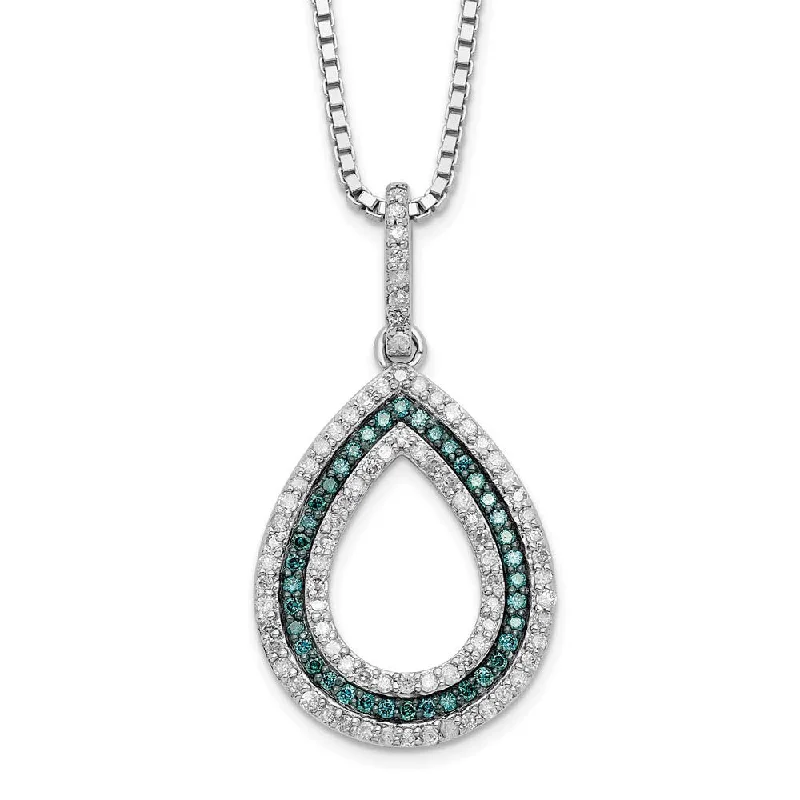 Designer Necklace for Fashion Lovers-Blue & White Diamond Open Teardrop Necklace in Sterling Silver