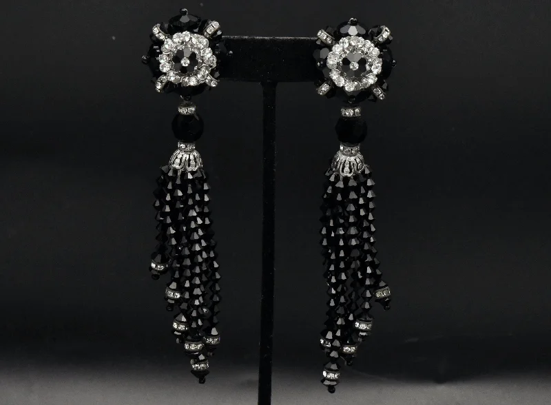 Luxury Pearl Earrings for Brides-Lois Ann - Vintage Beaded and Rhinestone Clip On Tassel Earrings