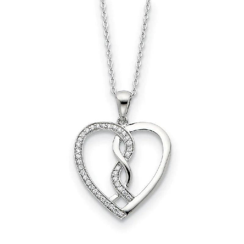 Gold Necklace with Crystal Pendant-Rhodium Plated Sterling Silver & CZ Hearts Joined Together Necklace