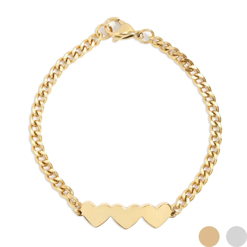 Simple Gold Bracelet with Birthstone-18K Gold PVD Stainless Steel Engravable 3 Hearts on Curb Chain Bracelet / SBB0367