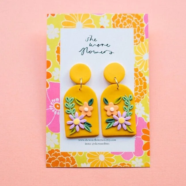 Stud Earrings for Every Day-She Wore Flowers Dangles - Mustard Bouquet Rectangle*