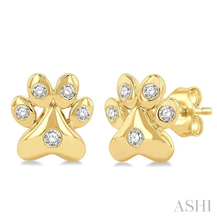 Fun Earrings for Day to Day Wear-1/10 ctw Petite Dog Paw Round Cut Diamond Fashion Stud Earring in 10K Yellow Gold