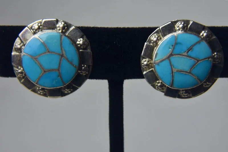 Vintage Gold Earrings-Carmichael Haloo - Sterling Silver Turquoise Zuni Clip On Earrings