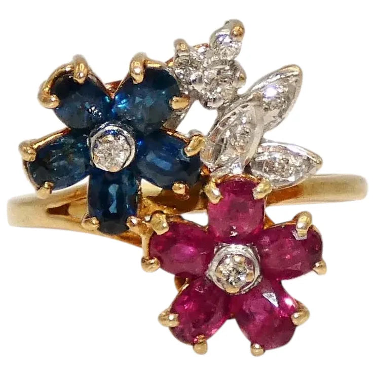 Custom Engagement Ring for Bold Women-14K Gold Ruby, Sapphires, & Diamond Flower Ring