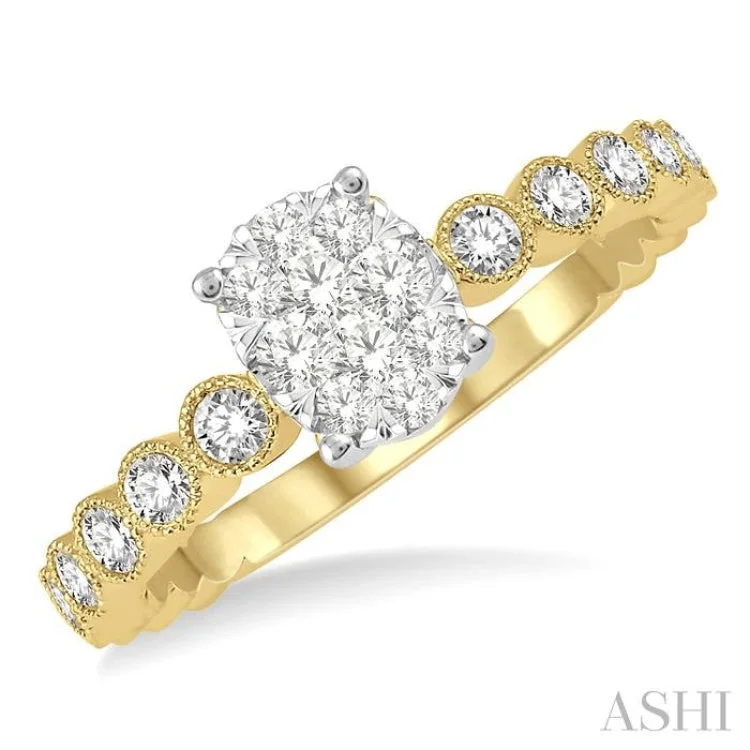 Modern Wedding Ring Set for Women-1/3 Ctw Oval Shape Lattice Shank Lovebright Diamond Cluster Ring in 14K Yellow and White Gold