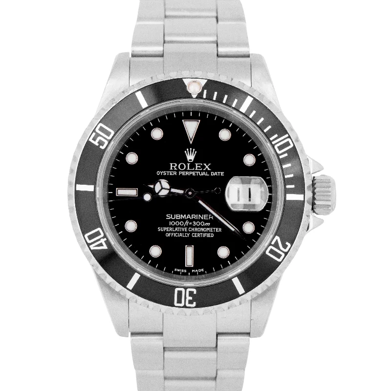 Women's Sports Watches for Active Lifestyles-UNPOLISHED Rolex Submariner Date Black Stainless Steel 40mm Oyster 16610 Watch