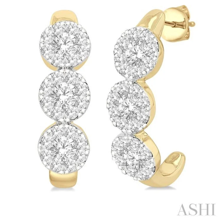 Luxury Pearl Earrings for Brides-7/8 ctw Lovebright Round Cut Diamond Half Hoop Earring in 14K Yellow and White Gold