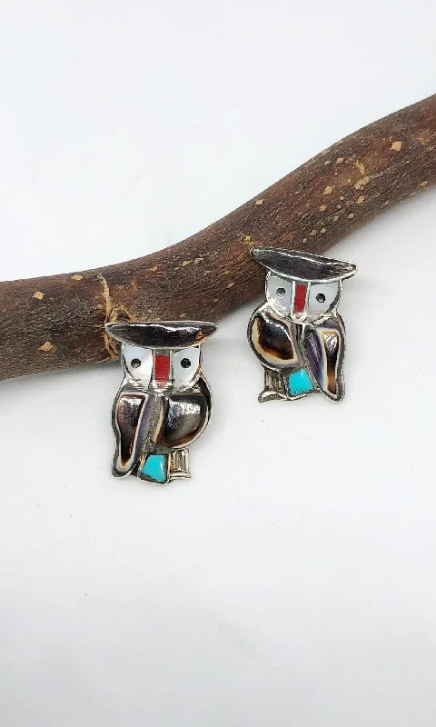 Handmade Earrings for Casual Style-OWL LOVE Vintage 70s Silver Inlay Earrings, Zuni Style