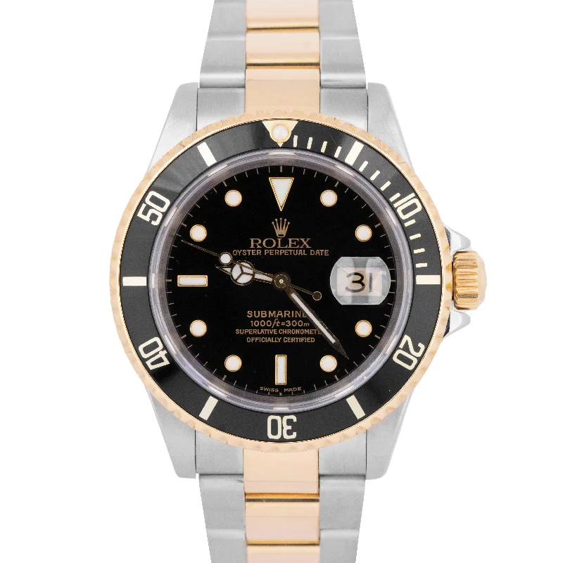 Luxury Watches for Men-PAPERS Rolex Submariner Two-Tone 18K Gold Buckle Black 40mm 16613 Watch B+P