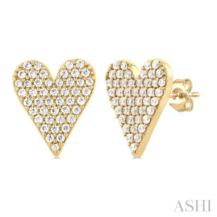 Personalized Name Earrings-1/3 ctw Petite Heart Pave Set Round Cut Diamond Fashion Stud Earring in 10K Yellow Gold