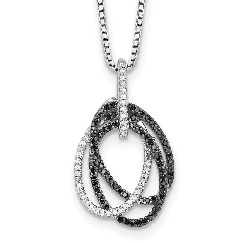 Boho Chic Necklace for Women-Black & White Diamond Triple Oval Necklace in Sterling Silver