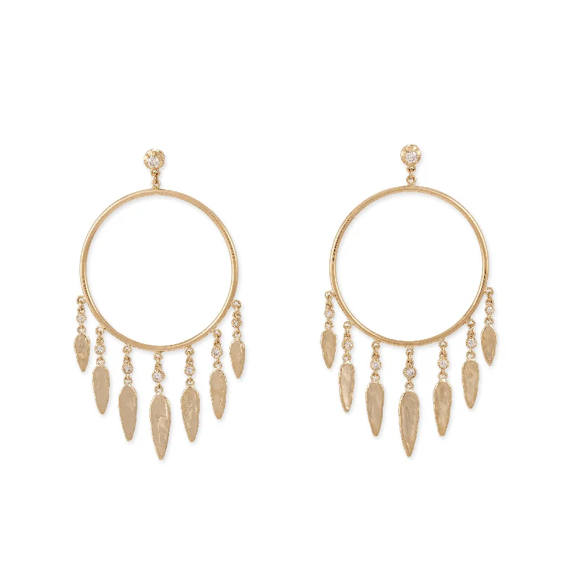 Elegant Gold Earrings for Daytime Wear-FRONT FACING 7 DIAMOND HAMMERED ELONGATED TEARDROP SHAKER HOOPS