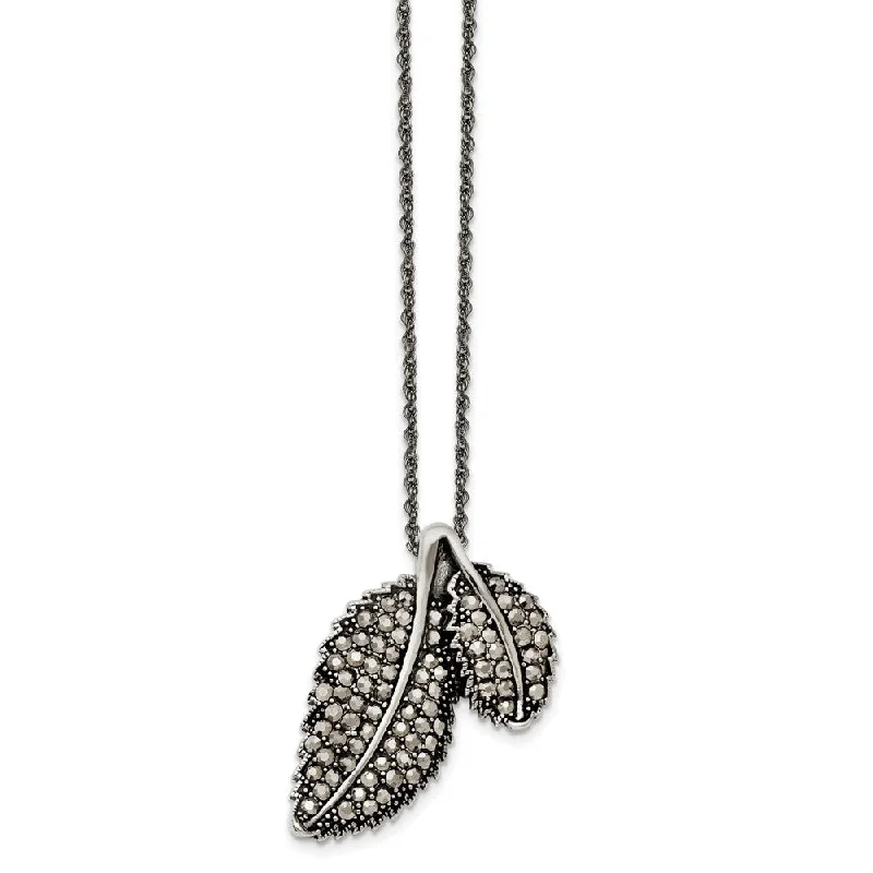 Luxury Necklace for Special Occasions-Marcasite Leaf Necklace in Antiqued Stainless Steel, 20 Inch