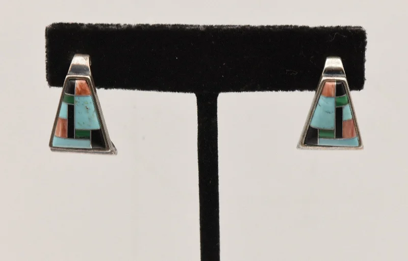 Handmade Gold Earrings-Relios - Vintage Inlaid Sterling Silver Triangular Earrings