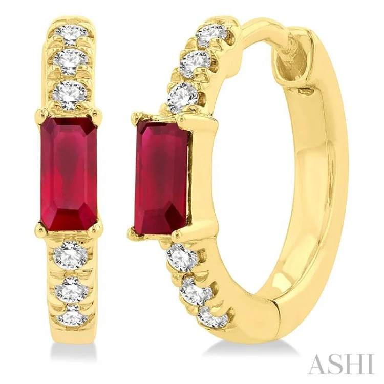 Classic Earrings for Women-1/8 ctw Petite 4X2MM Ruby and Round Cut Diamond Fashion Huggies in 10K Yellow Gold