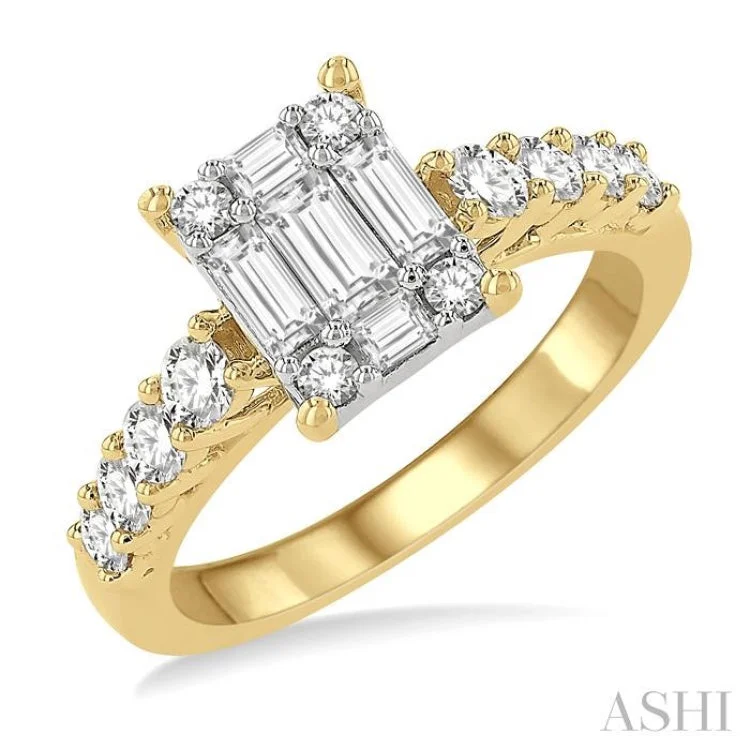 Custom Engagement Ring for Bold Women-1 ctw Fusion Baguette and Round Cut Diamond Engagement Ring in 14K Yellow and White gold