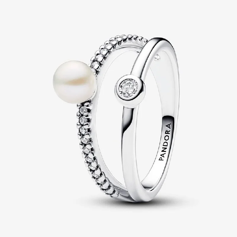 Personalized Gold Ring for Women-PANDORA : Treated Freshwater Cultured Pearl & Pavé Double Band Ring - Sterling Silver