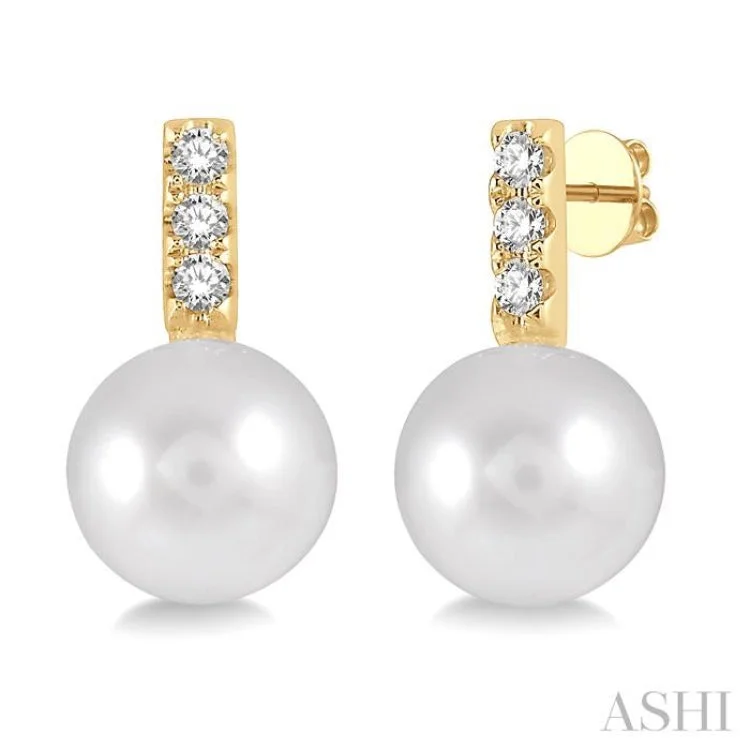 Everyday Earrings for Casual Wear-7MM Cultured Pearls and 1/10 ctw Round Cut Diamond Earring in 10K Yellow Gold