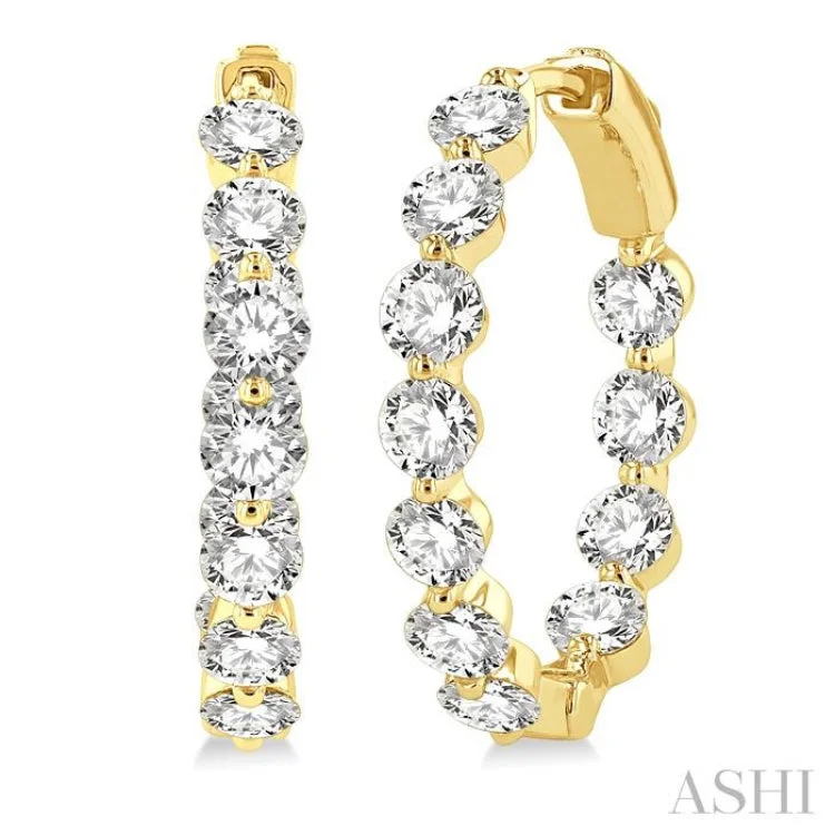 Fashionable Stud Earrings for Women-4 Ctw Inside-Out Single Prong Set Round Cut Diamond Hoop Earrings in 14K Yellow Gold