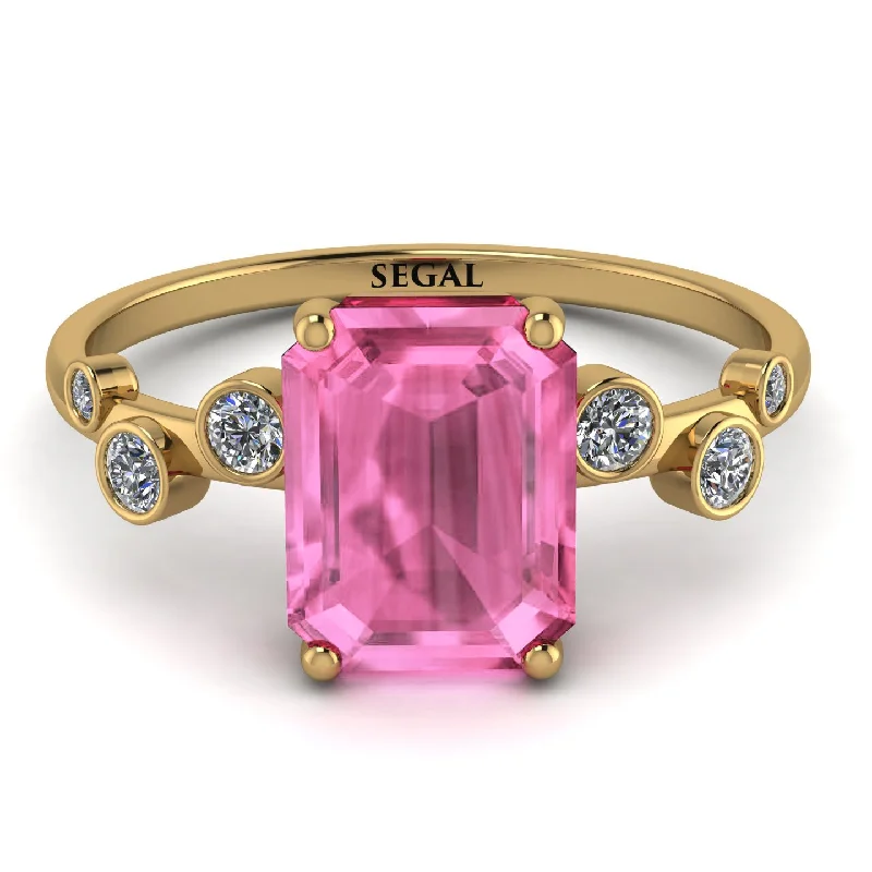 Luxury Diamond Ring for Engagement-Emerald Cut Pink Moissanite Ring With Bezel - Alina No. 801