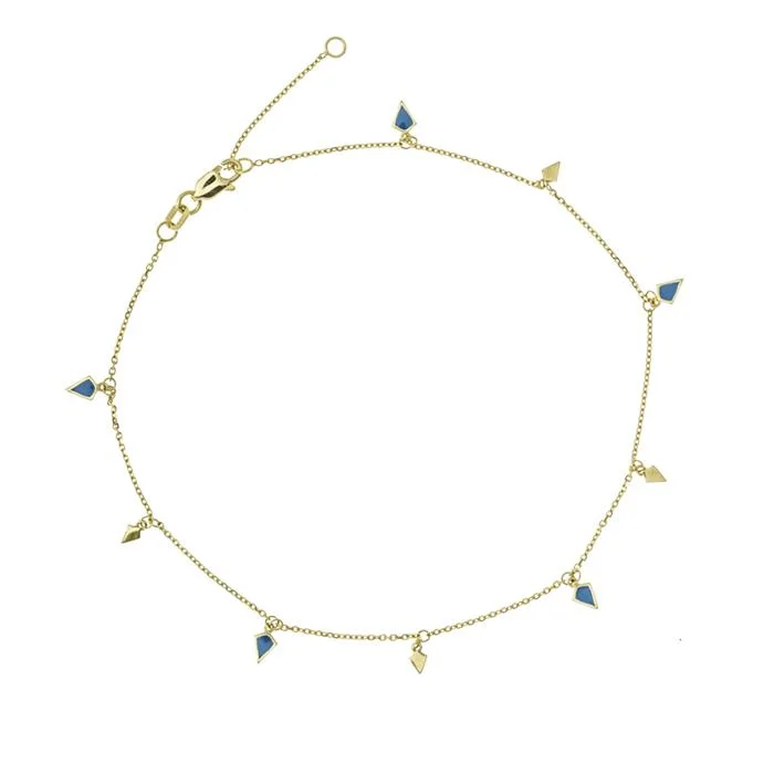 Adjustable Bracelet for Comfortable Fit-GOLD AND BLUE ENAMEL DANGLING CHARM ANKLE BRACELET